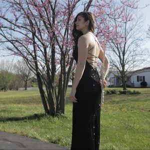 Primavera Floor Length Sequin Black Lace Up Dress